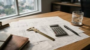 Architectural blueprints spread across a sunny oak desk with a vintage brass caliper, a silver desk calculator, a pen, a leather notebook, and a glass of water overlooking a city view