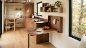 Compact tiny home interior with walnut cabinetry, wall-mounted fold-down desk table, kitchen line, and a loft ladder leading to a sleeping nook