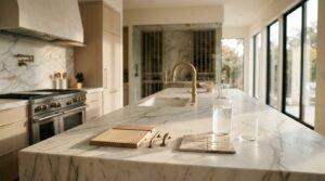 Luxury modern kitchen featuring a large marble waterfall island with brass cabinet hardware samples, a glass water pitcher, professional range, and a glass-enclosed wine cellar in the background.