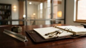 Set of vintage brass keys resting on an open leather-bound ring binder journal beside a triangular metal scale ruler and brass geometric paperweight on a rich wooden desk