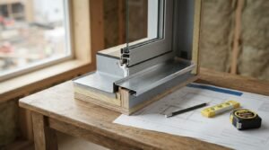 Cross-section model of an insulated double-pane window frame showing sill flashing and insulation, sitting on a workbench next to technical drawings and tools