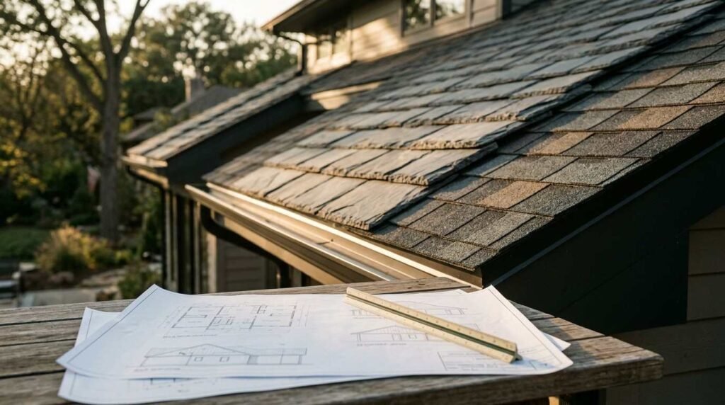 Architectural blueprints and an architectural scale ruler placed on a wooden surface with a residential roof featuring asphalt shingles and shake tiles in the background.