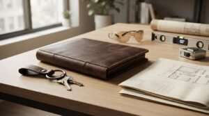 A rustic brown leather portfolio binder, keys on a leather keychain, architectural blueprints, safety glasses, and a digital spirit level on a wooden workstation desk