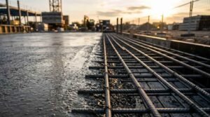 Freshly poured concrete slab foundation alongside a structured grid of steel reinforcement rebar on a large commercial construction site at sunset.