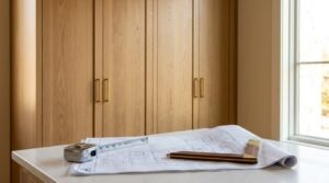 Architectural blueprints resting on a white quartz countertop with an extended metal tape measure and a wooden brass try square in front of custom oak cabinetry