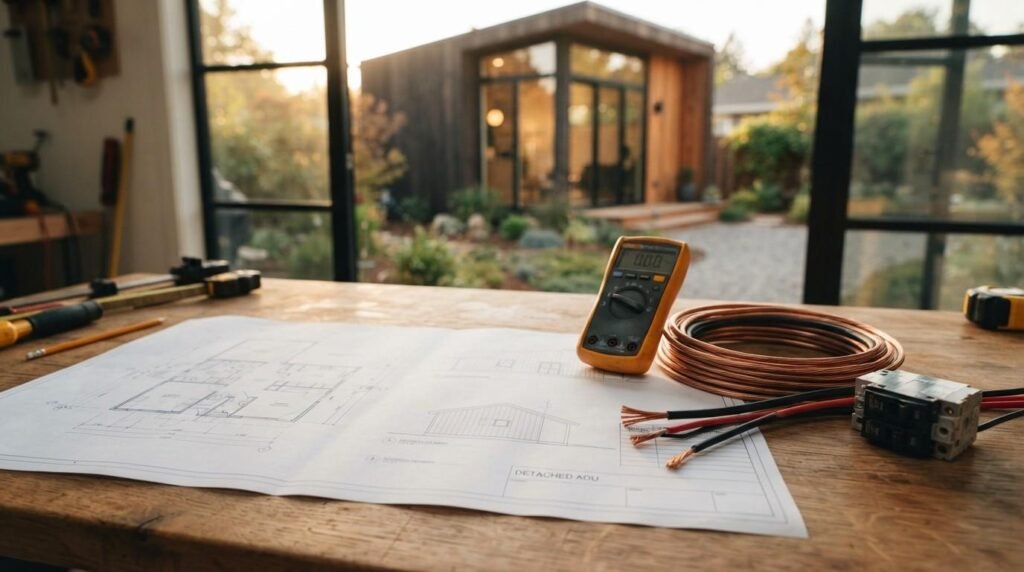 A detached ADU electrical blueprint laid out on a workshop bench with a digital multimeter, heavy-gauge electrical wiring, circuit breakers, and copper grounding wire overlooking a modern backyard ADU