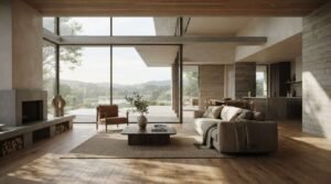 Spacious modern living room with floor-to-ceiling glass windows offering scenic lake views, featuring a concrete fireplace, neutral couch, leather armchair, and warm wood ceilings