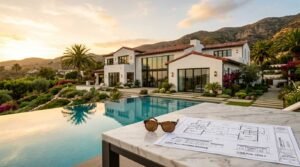 Architectural floor plans for a "Luxury Villa - California Residence" and a pair of sunglasses resting on a white marble poolside table, overlooking a modern luxury home with a swimming pool and mountains at sunset.