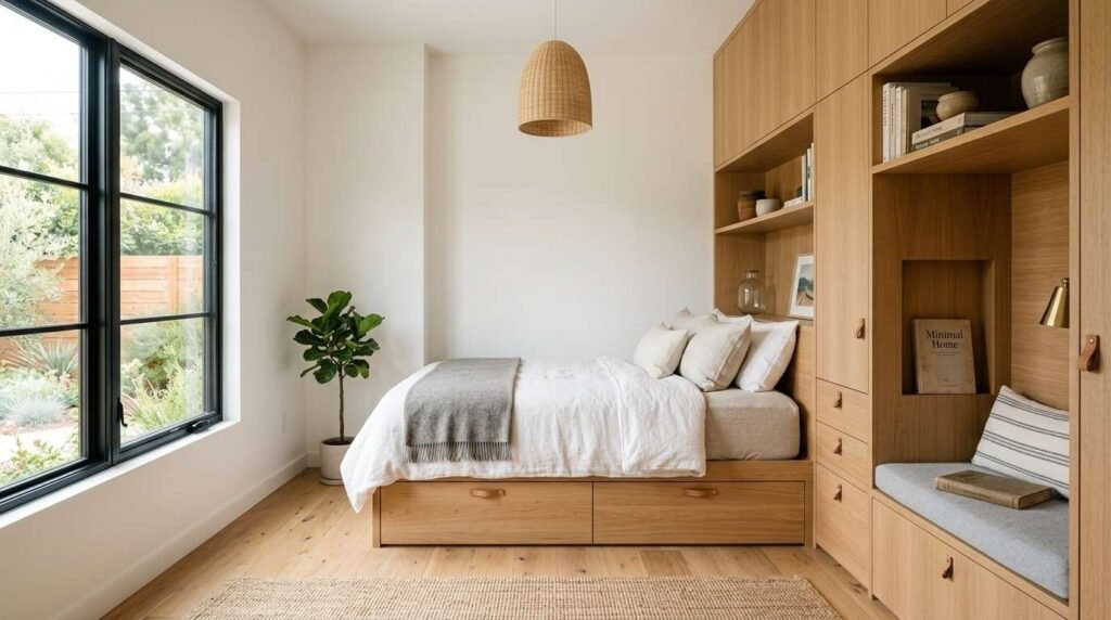 A light-filled modern ADU bedroom featuring a built-in oak storage bed with pull-out drawers, an integrated reading bench, floor-to-ceiling cabinetry, and a large black-framed garden window