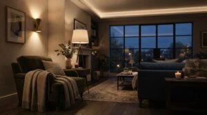 Modern home lighting design in an evening living room featuring warm architectural cove lighting, contemporary wall sconces, a floor lamp, and soft ambient accent lighting casting a cozy glow over comfortable seating and dark hardwood floors.