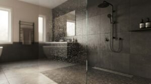 A modern curbless walk-in shower featuring charcoal slate wall tiles, a seamless glass partition with water droplets, matte black dual shower fixtures, and a stainless steel linear floor drain