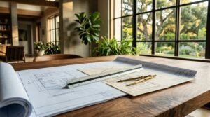 Architectural ground floor blueprints and a cadastral site plan laid out on a wooden table with an aluminum triangular scale ruler and a brass drafting compass in a sunlit modern interior
