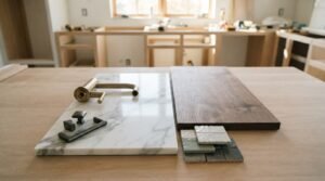 Kitchen finishing material samples—white marble slab, brushed brass faucet, dark bronze hardware, walnut wood plank, and ceramic tiles—displayed on a island workbench during a kitchen remodel