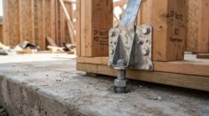 A heavy-duty galvanized steel holdown bracket bolted to timber wall framing studs and anchored into a concrete foundation with a threaded rod and nuts on a residential job site