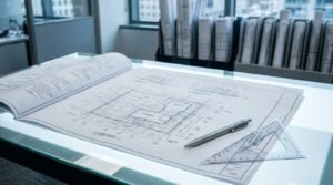 A set of detailed architectural site layout blueprints open on an illuminated drafting light table with a metallic drafting pen, set square triangle ruler, and file racks filled with plan rolls in a high-rise office