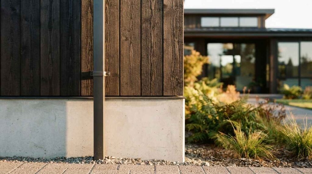 Close-up view of a modern house exterior showing charred dark wood siding, a concrete foundation wall, a matte black downspout, and garden plants in the background