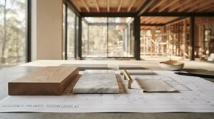 Architectural mood board and design samples featuring wood flooring blocks, white marble slabs, brass hardware pulls, and fabric swatches laid out over a floor plan blueprint inside a home under construction.