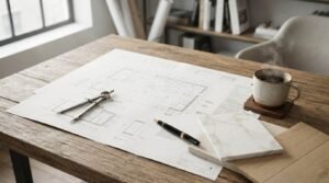 Architectural blueprints on a wooden drafting table featuring a compass, a fountain pen, material samples, and a steaming mug of coffee during kitchen design planning.