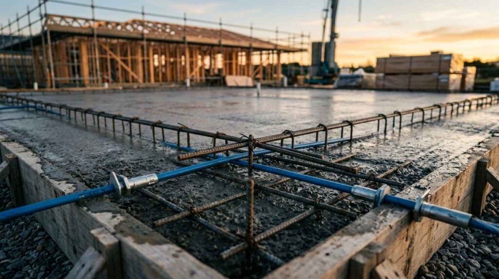 Freshly poured concrete slab foundation with embedded rebar reinforcement cages and blue utility conduits inside wooden formwork on an active residential construction site during sunset.
