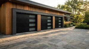Modern three-car garage with black frosted-glass doors and warm wood paneling overlooking a large gray stone paver driveway at sunset.