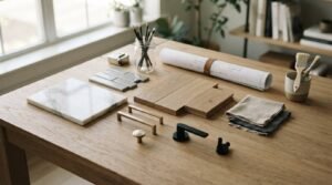 Interior design workspace flat lay on a wooden table featuring architectural blueprints, a marble tile sample, hardwood flooring planks, fabric swatches, cabinet hardware pulls, and drafting tools.