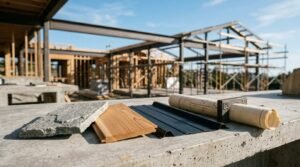 Building material samples including natural stone, wood siding, and corrugated metal panels, along with rolled architectural blueprints, resting on a concrete surface with a residential home under construction in the background.