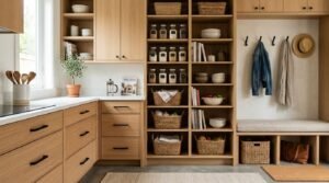A custom white oak ADU kitchen with white quartz countertops, integrated open pantry shelving lined with glass jars and woven baskets, and an adjacent entryway mudroom bench with coat hooks