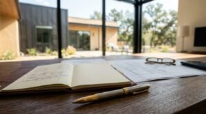 An open leather-bound planner notebook with a silver and gold pen, eyeglasses, and blueprints on a dark wood desk overlooking a modern courtyard patio