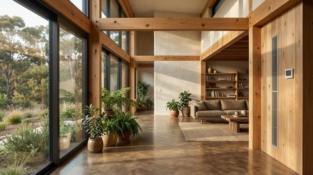 Sunlit modern luxury home interior featuring exposed timber ceiling beams, polished concrete floors, floor-to-ceiling glass windows, potted indoor plants, and a living room setup with a sofa and open shelving.