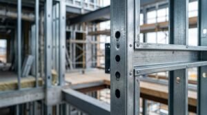 Close-up view of a cold-formed steel framing structure on a commercial construction site, featuring galvanized metal studs with service punchouts and screwed connections.