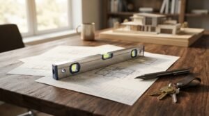 Architectural blueprints spread across a rustic wooden drafting table, featuring a silver spirit level, a pen, a key ring with keys, a coffee mug, and an architectural model in the background.