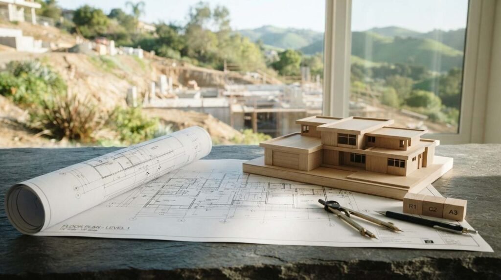 Rolled and unrolled architectural blueprints labeled "Floor Plan - Level 1," a brass drafting compass, a pen, and a wooden architectural scale model of a modern house resting on a dark slate surface, with a hill landscape and construction site visible through a window.