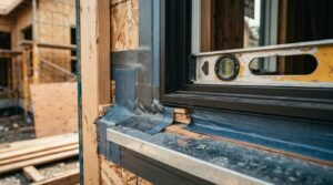 Construction worker using a spirit level on a newly installed black-framed window fitted with flashing tape and shims on a residential framing site.
