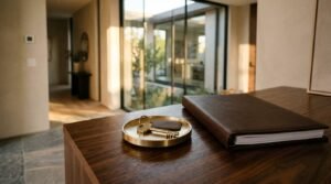 Brass house key with a leather keychain lying on a small round brass tray next to a leather guest binder on a wooden console table in a luxury home entryway