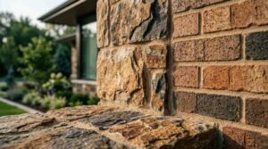 Close-up view of a custom residential exterior wall featuring a combination of rugged stacked natural stone masonry and tumbled reddish-brown brick with mortar joints.