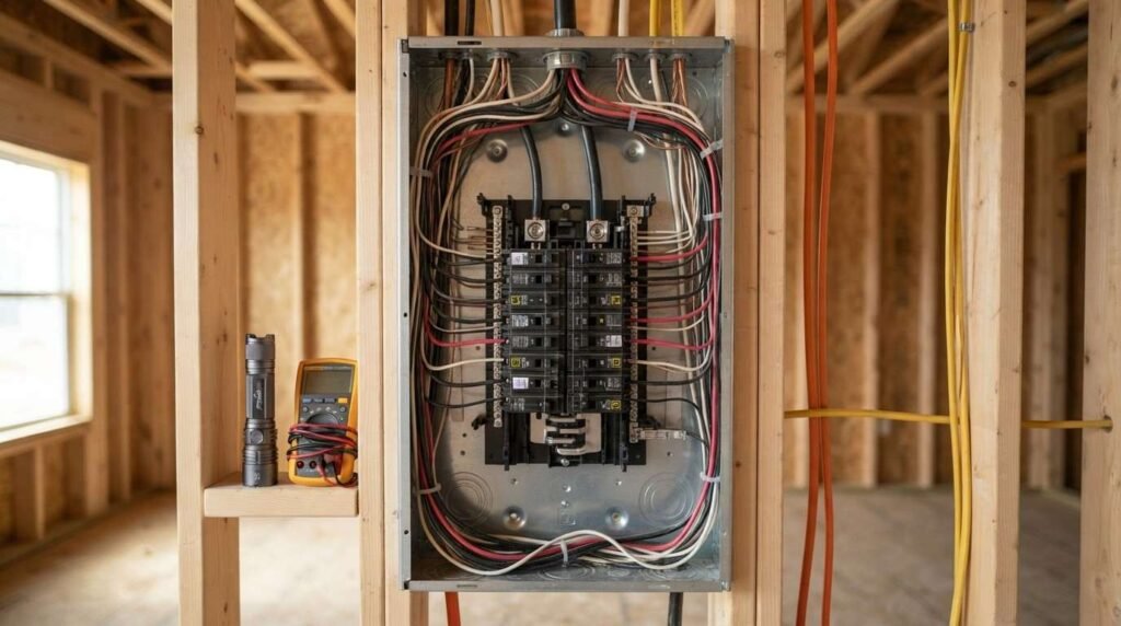Open residential electrical service panel wired with circuit breakers and organized cables, with a flashlight and multimeter resting on the framing stud during a home inspection.