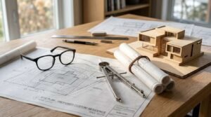 An architectural drafting table featuring a "Site Plan - Proposed Custom Residence" blueprint, a drafting compass, rolled house plans tied with a strap, a scale ruler, reading glasses, and a wooden scale model of a modern custom home.