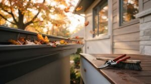 Close-up view of dark autumn leaves accumulating in a home's rain gutter with red garden shears and a wooden brush sitting on a ledge nearby