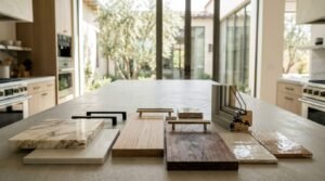 Kitchen island countertop arranged with building material samples including marble tiles, wood flooring planks, cabinet handles, ceramic tiles, and a triple-pane window cross-section inside a modern home.