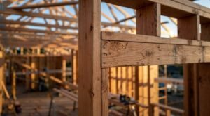 Close-up view of residential wood framing construction, featuring structural timber studs, header beams, and nail connections on a building site.