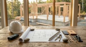 Rustic wooden contractor table featuring a white hard hat, digital laser measure, architectural floor plan held down by stones, metal scale ruler, drafting compass, pencils, material samples, and a door handle with a house framing site visible through the window.