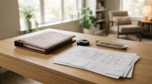 Brown leather-bound binder and architectural floor plan prints resting on a light wood desk alongside a camera lens cap, pen tray, and metallic pen