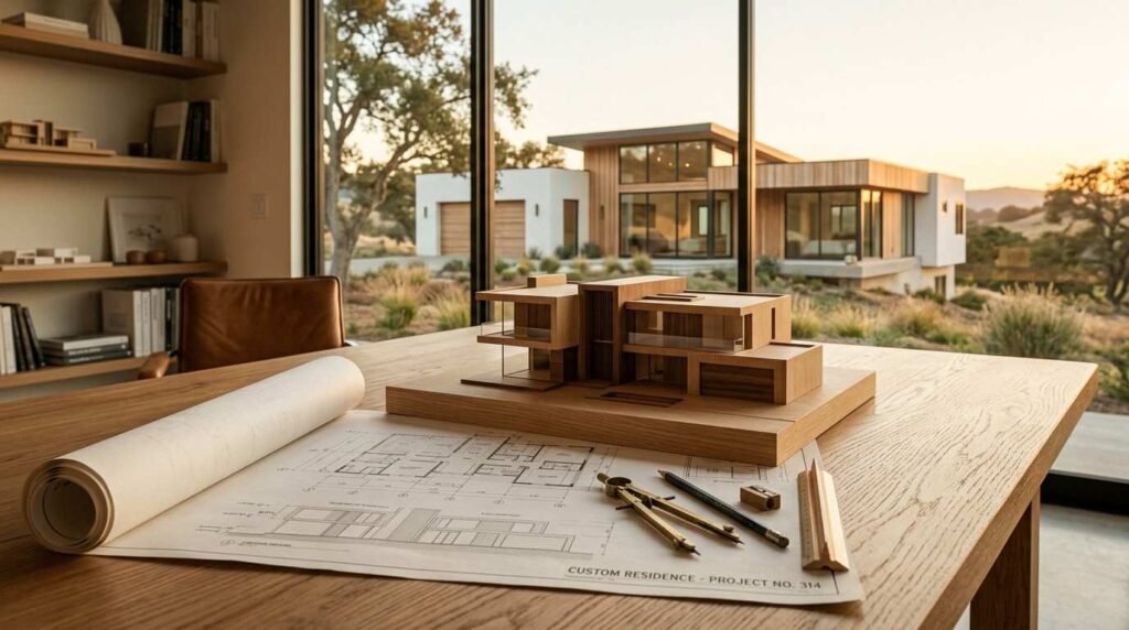 Wooden architectural scale model of a modern house on top of architectural floor plans with drafting compass, pencil, and scale ruler, overlooking the completed luxury home through floor-to-ceiling windows