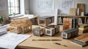 Scale models showing site-built timber framing, modular prefab housing, and manufactured mobile home designs alongside material swatches and floor plan blueprints on a wooden desk