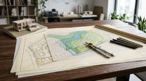 Architectural site plan blueprints with topographic contour lines and subdivision layouts spread across a wooden desk, accompanied by a brass drafting compass, drafting pens, a scale ruler, and an architectural model of a modern home.