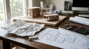 An architectural drafting workspace on a rustic wooden table featuring a blueprint with red ink markups, a crumpled sheet of preliminary sketches, an eraser, a scale ruler, colored pencils in a leather case, rolled plans, and a wooden 3D model of a modern home in the background.