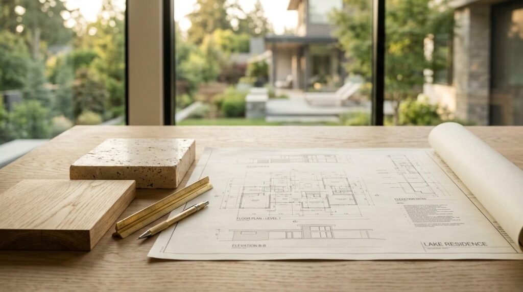 Unrolled floor plan blueprint on a wooden desk with a stone sample, oak block, brass ruler, and pencil, overlooking a modern backyard