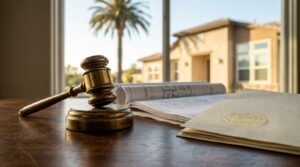 Wooden desk featuring a brass gavel, rolled architectural blueprints, and a legal document folder with a gold seal, with a residential home and palm tree visible through a large window in the background.