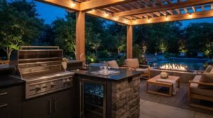 Luxury outdoor kitchen and living area at dusk featuring a stainless steel built-in grill, stone countertop, beverage refrigerator, pergola with string lights, and a nearby patio seating area overlooking a swimming pool.