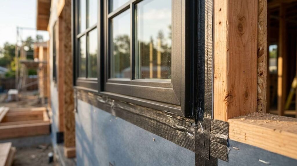 Black-framed window newly installed into a wooden wall framing structure with waterproof flashing tape and house wrap to prevent moisture penetration and leaks.